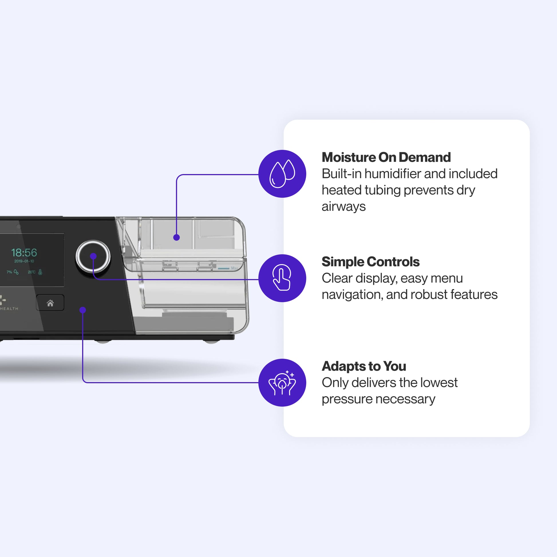 Luna G3 Auto CPAP Machine featuring a built-in humidifier for customizable moisture control, simple controls for easy navigation, and adaptive pressure for personalized comfort.
