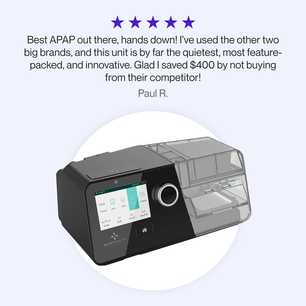 Customer testimonial for the Luna G3 Auto CPAP Machine, praising its quiet operation, innovative features, and value compared to other leading brands, with $400 savings.
