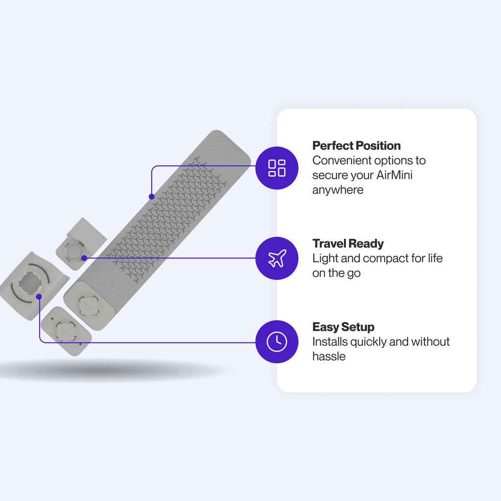 AirMini Bed Mount featuring versatile positioning options to secure your AirMini, quick and hassle-free installation, and a lightweight, compact design ideal for travel.