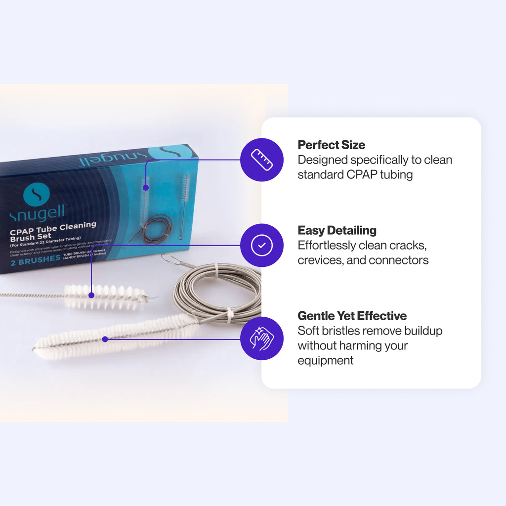 Snugell CPAP Tube Brush Kit designed to clean standard CPAP tubing, connectors, and crevices with gentle, effective bristles.