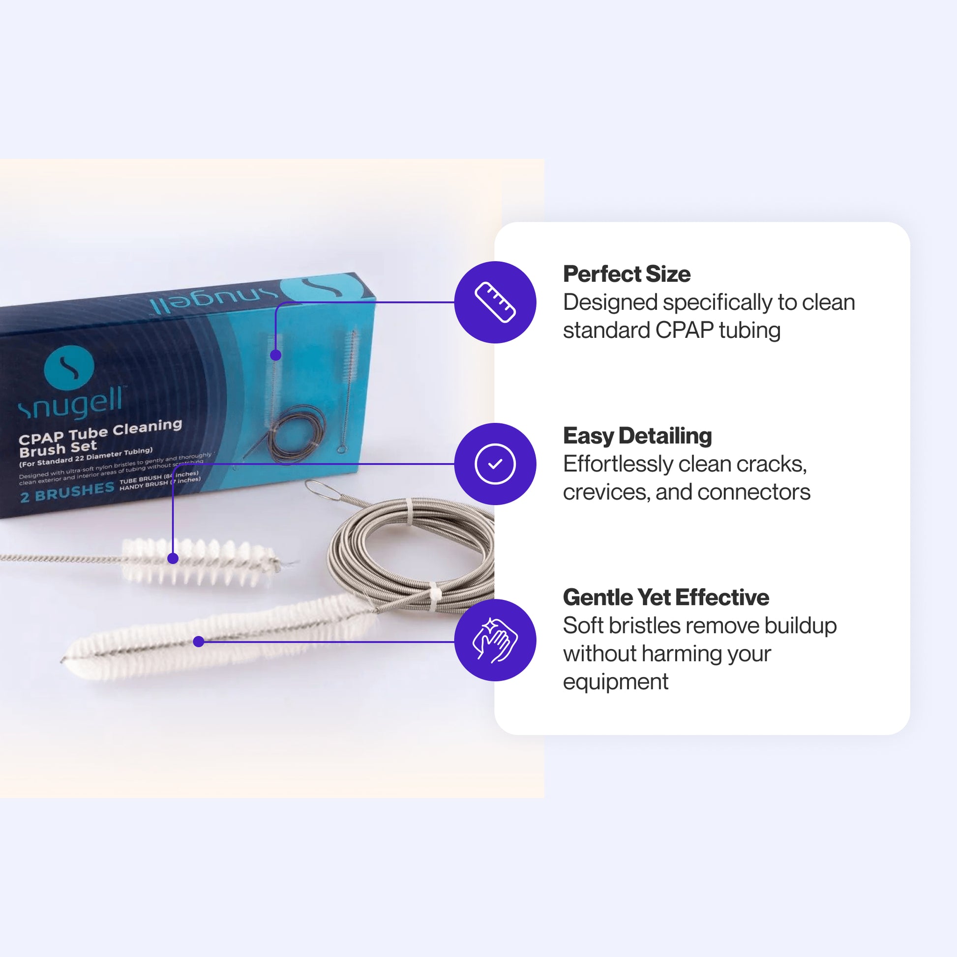 Snugell CPAP Tube Brush Kit designed to clean standard CPAP tubing, connectors, and crevices with gentle, effective bristles.