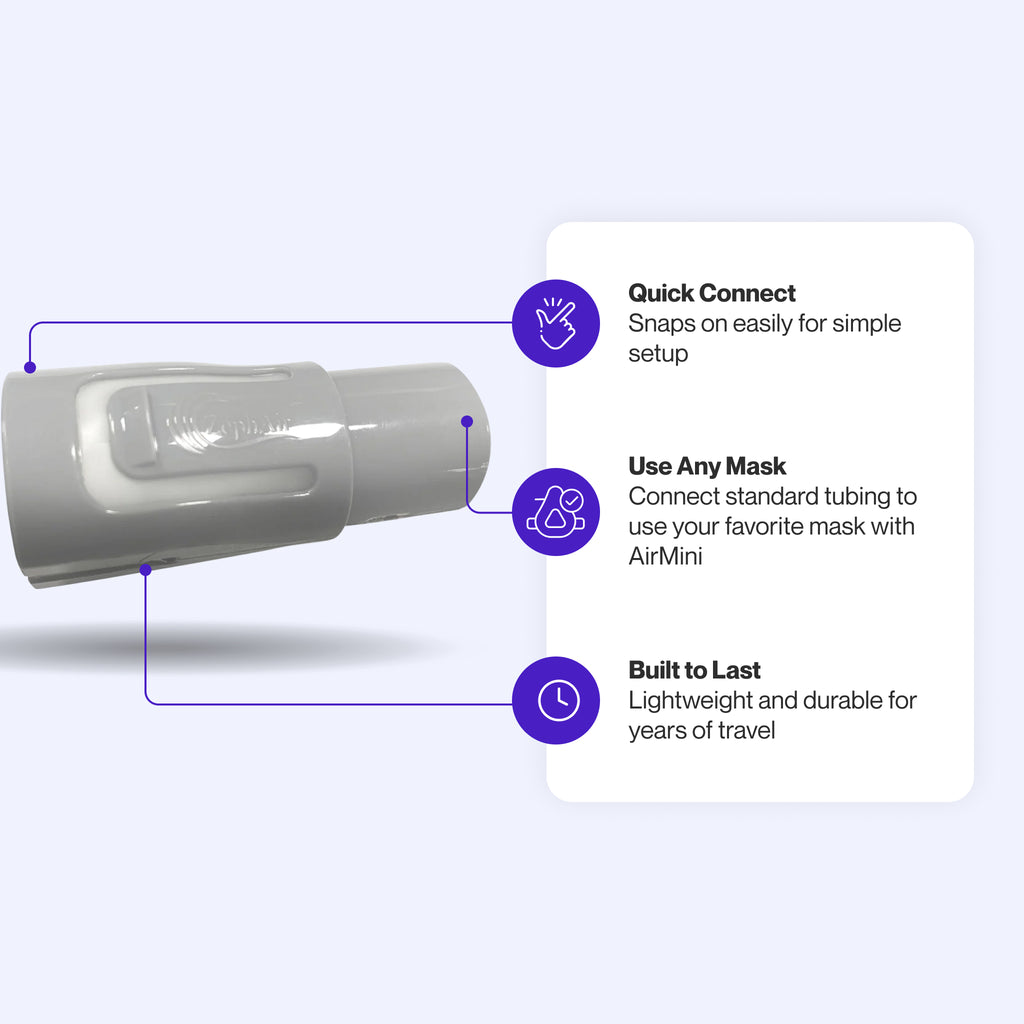 Zephair AirMini Tube Adapter featuring compatibility with standard tubing for any mask, easy snap-on setup, and durable design for long-lasting travel use.