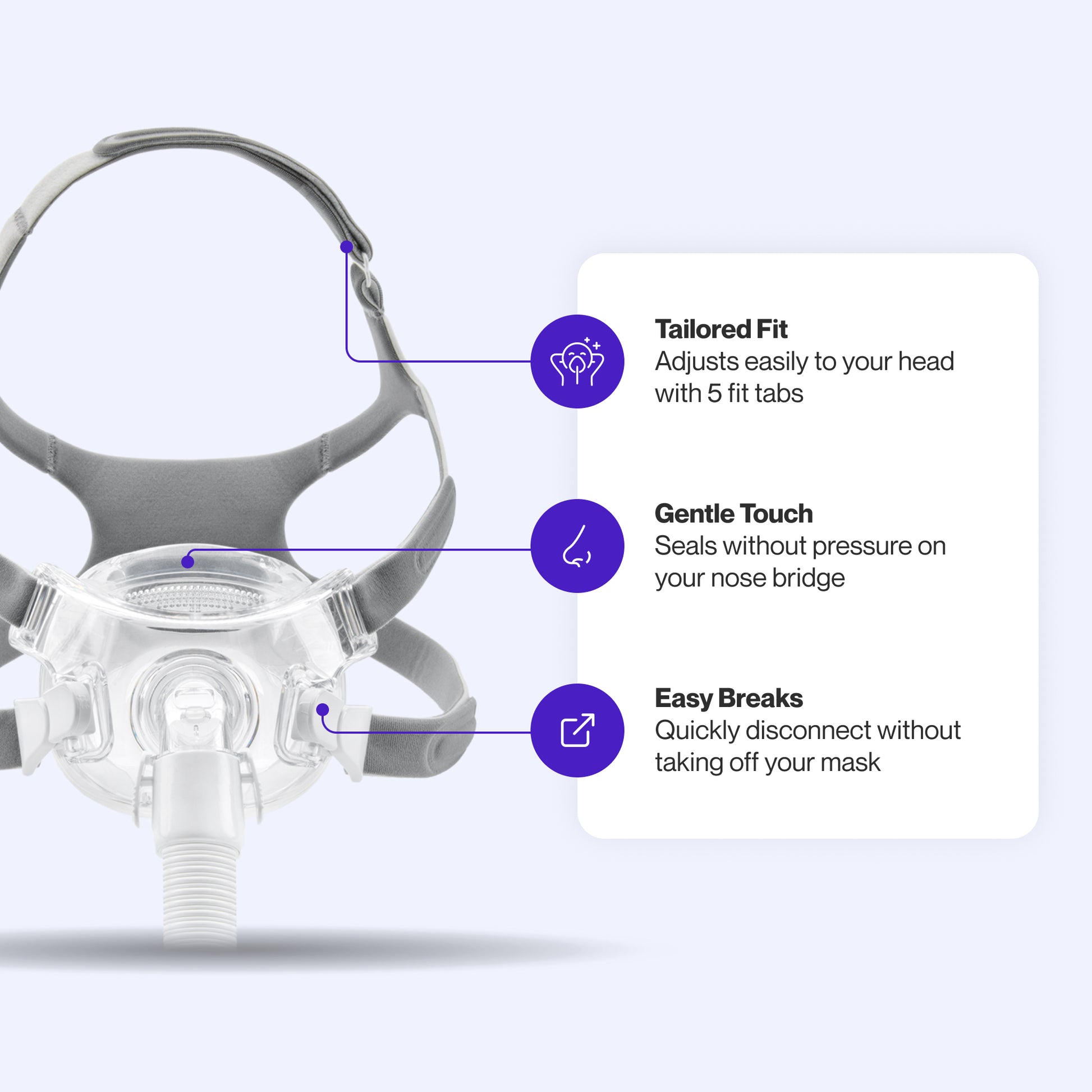 Amara View Full Face Mask featuring a nose bridge-free seal for gentle comfort, 5 fit tabs for easy adjustments, and quick-disconnect elbow for convenience.