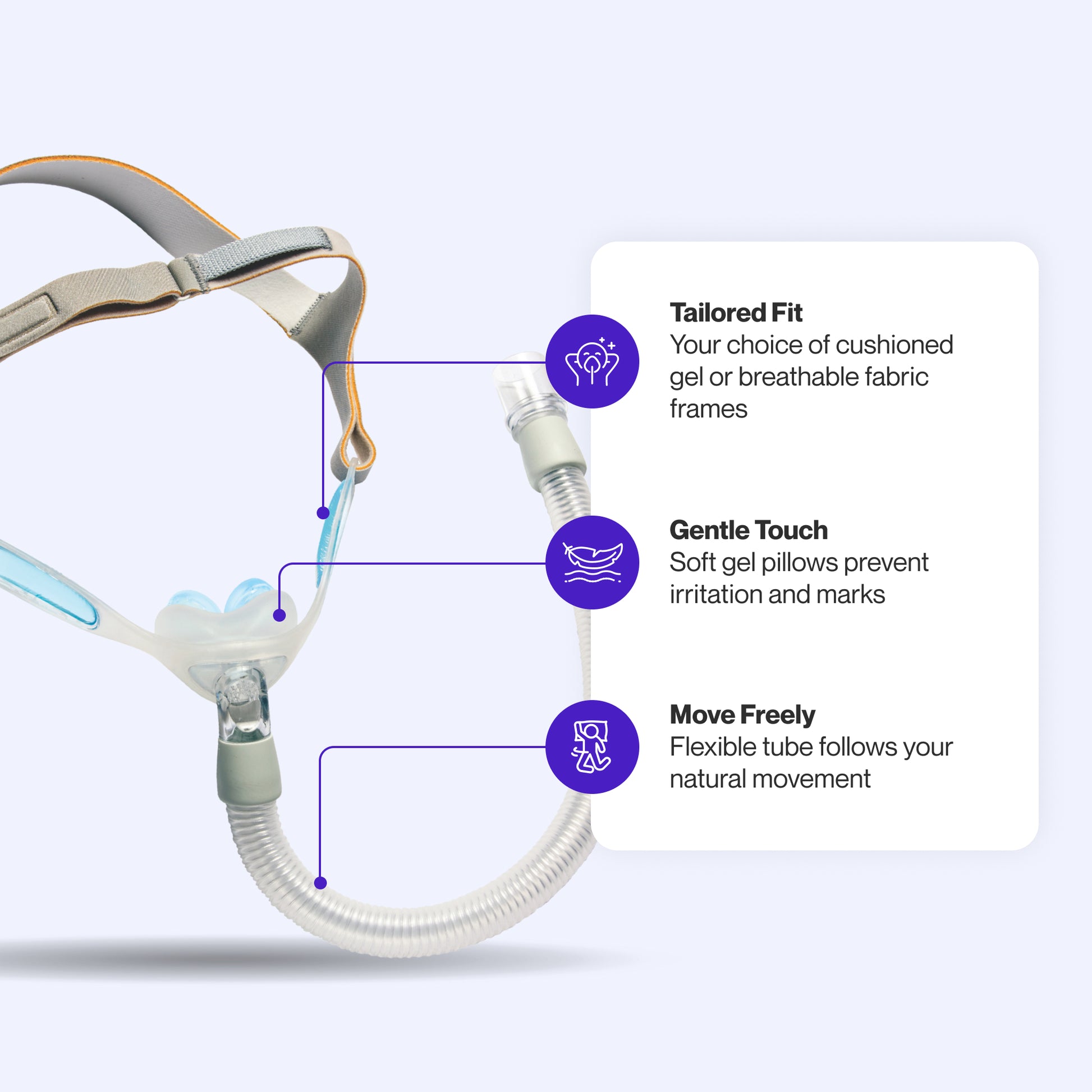 Philips Respironics Nuance & Nuance Pro Nasal Pillow CPAP Mask featuring soft gel pillows to prevent irritation, a choice of gel or fabric frames, and a flexible tube for natural movement
