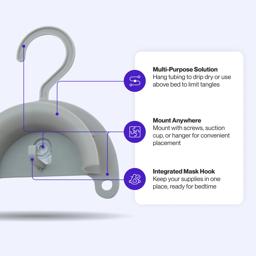 CPAP Hose Hanger featuring a drip-dry design for cleaner breathing, flexible mounting with shower rod or suction cup options, and an integrated mask hook for organized storage.