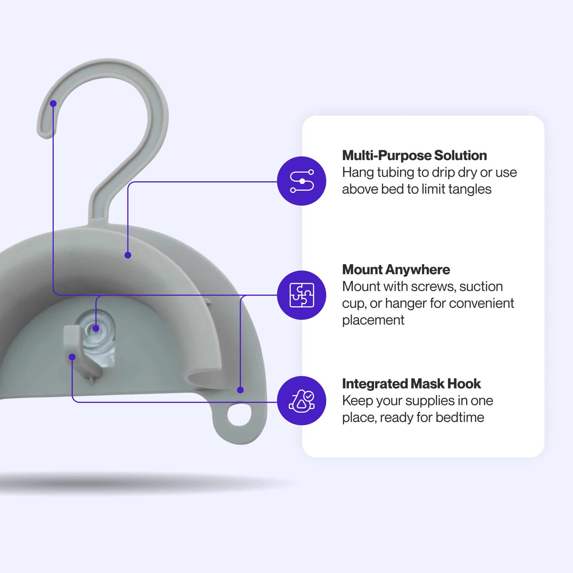 CPAP Hose Hanger featuring a drip-dry design for cleaner breathing, flexible mounting with shower rod or suction cup options, and an integrated mask hook for organized storage.