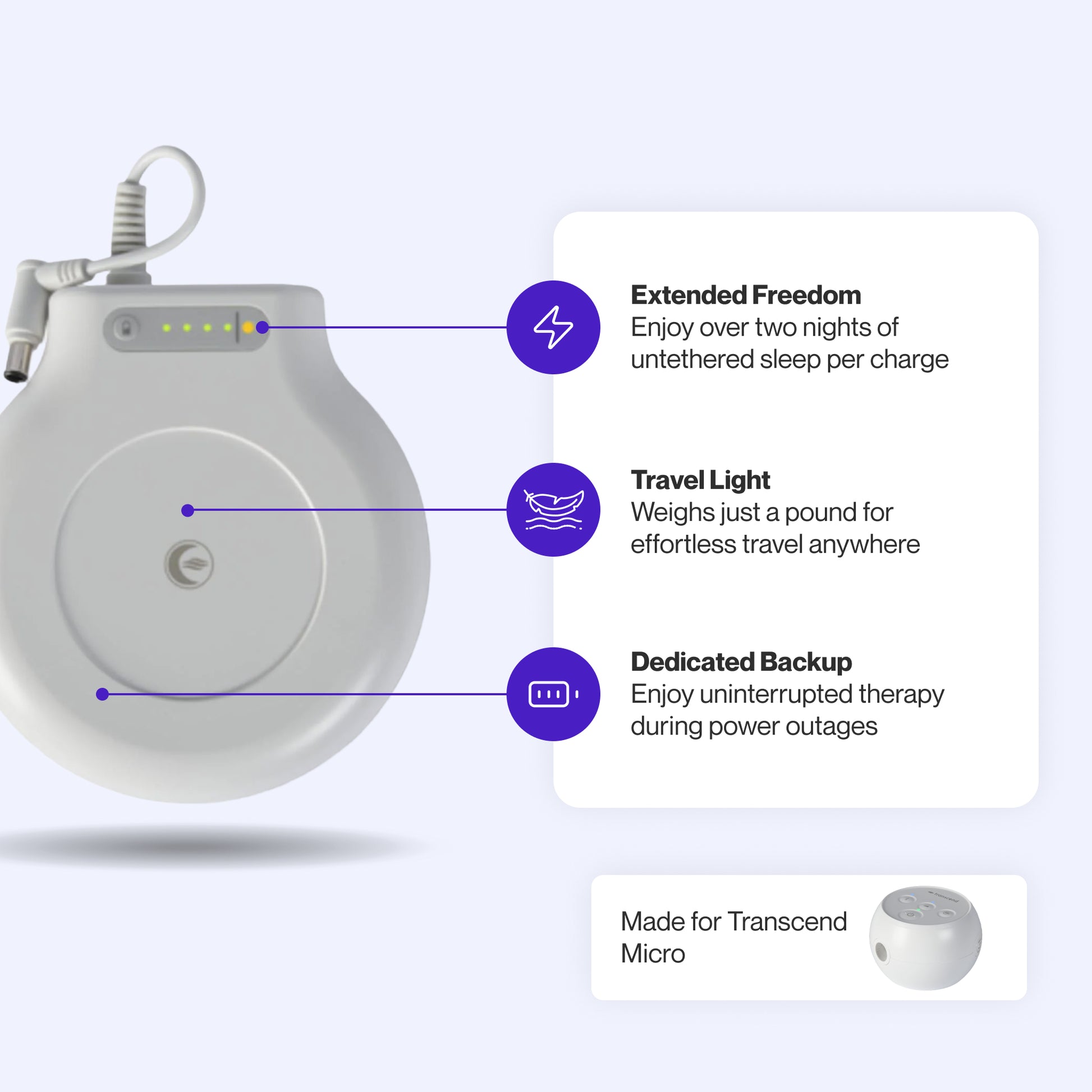 Transcend Micro PowerAway Companion Battery featuring lightweight design at just one pound, over two nights of power per charge, and backup power to take over during power loss.