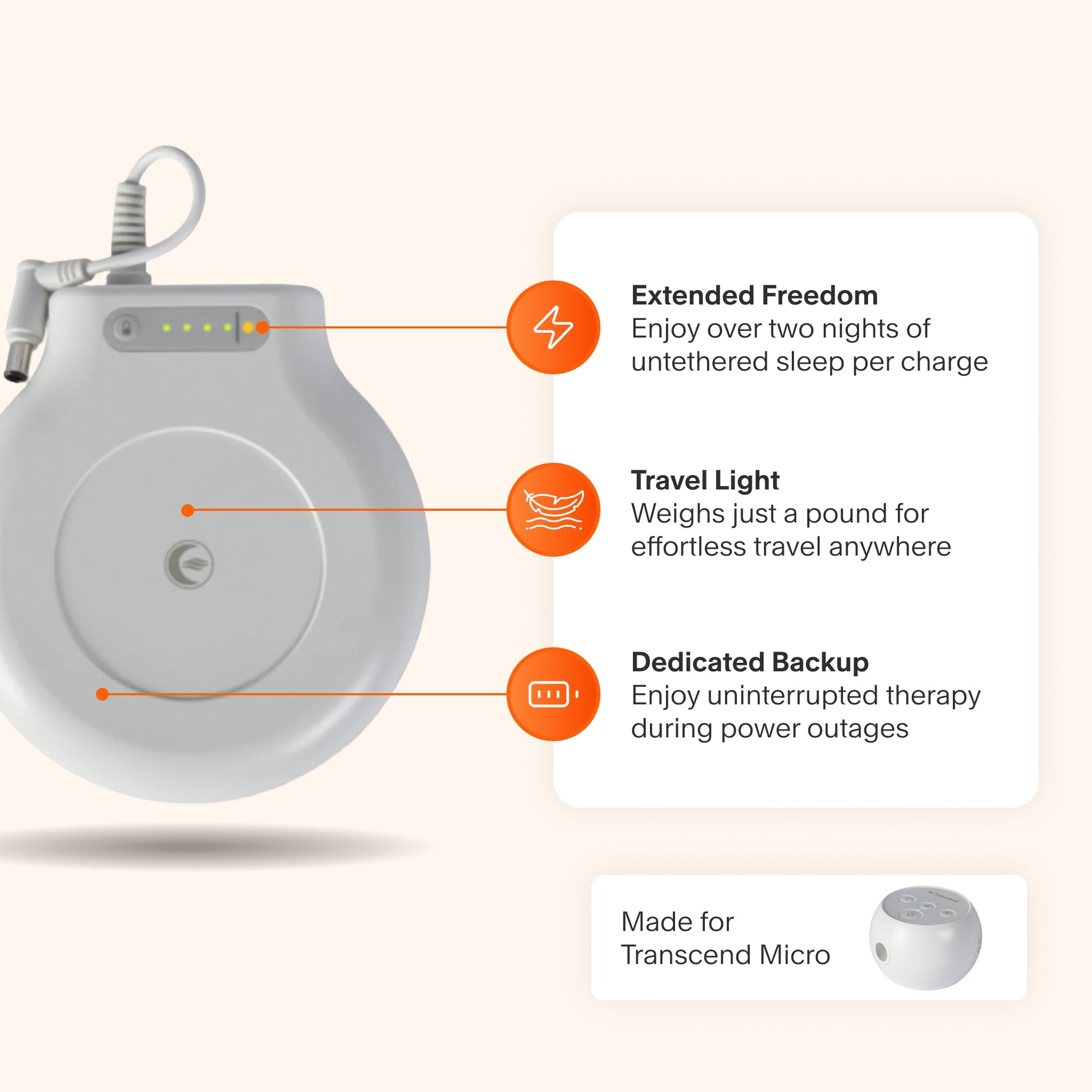 Transcend Micro PowerAway Companion Battery featuring lightweight design at just one pound, over two nights of power per charge, and backup power to take over during power loss.
