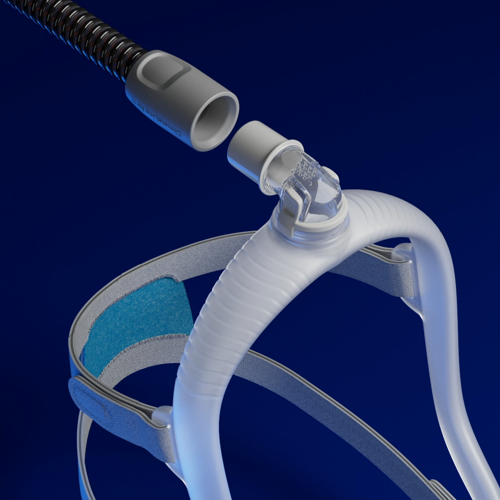 Top down view of the AirFit X30i showing how tubing connects to the quick-release elbow.