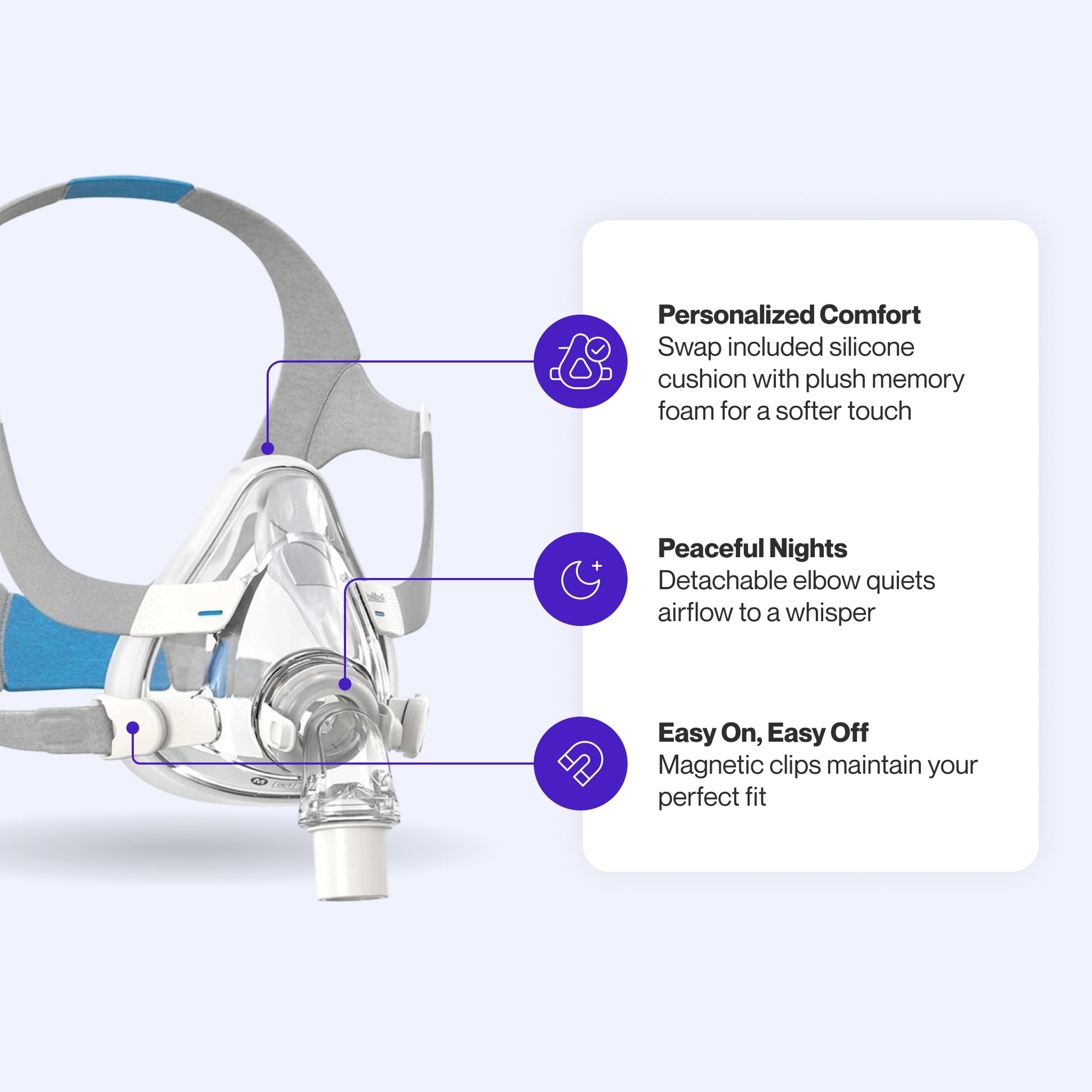 AirFit F20 CPAP mask featuring memory foam cushion, quiet venting, and magnetic clips for a secure, flexible fit.