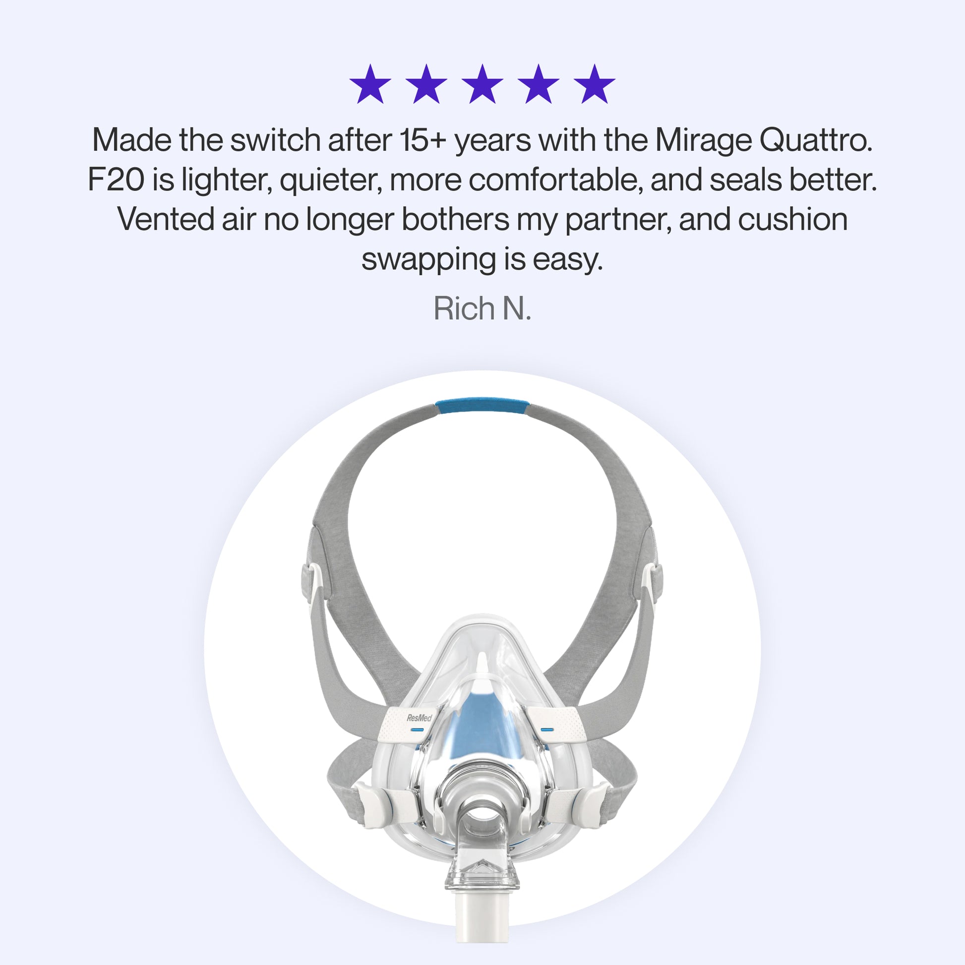 Testimonial for AirFit F20 mask praising improved comfort, better seal, quiet airflow, and easy cushion swapping after long-term use.