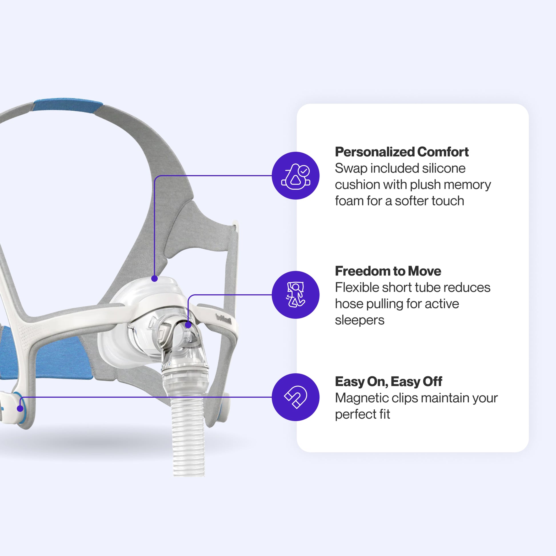 AirFit N20 CPAP mask featuring optional memory foam comfort, flexible short tube for active sleepers, and magnetic clips for easy fit.