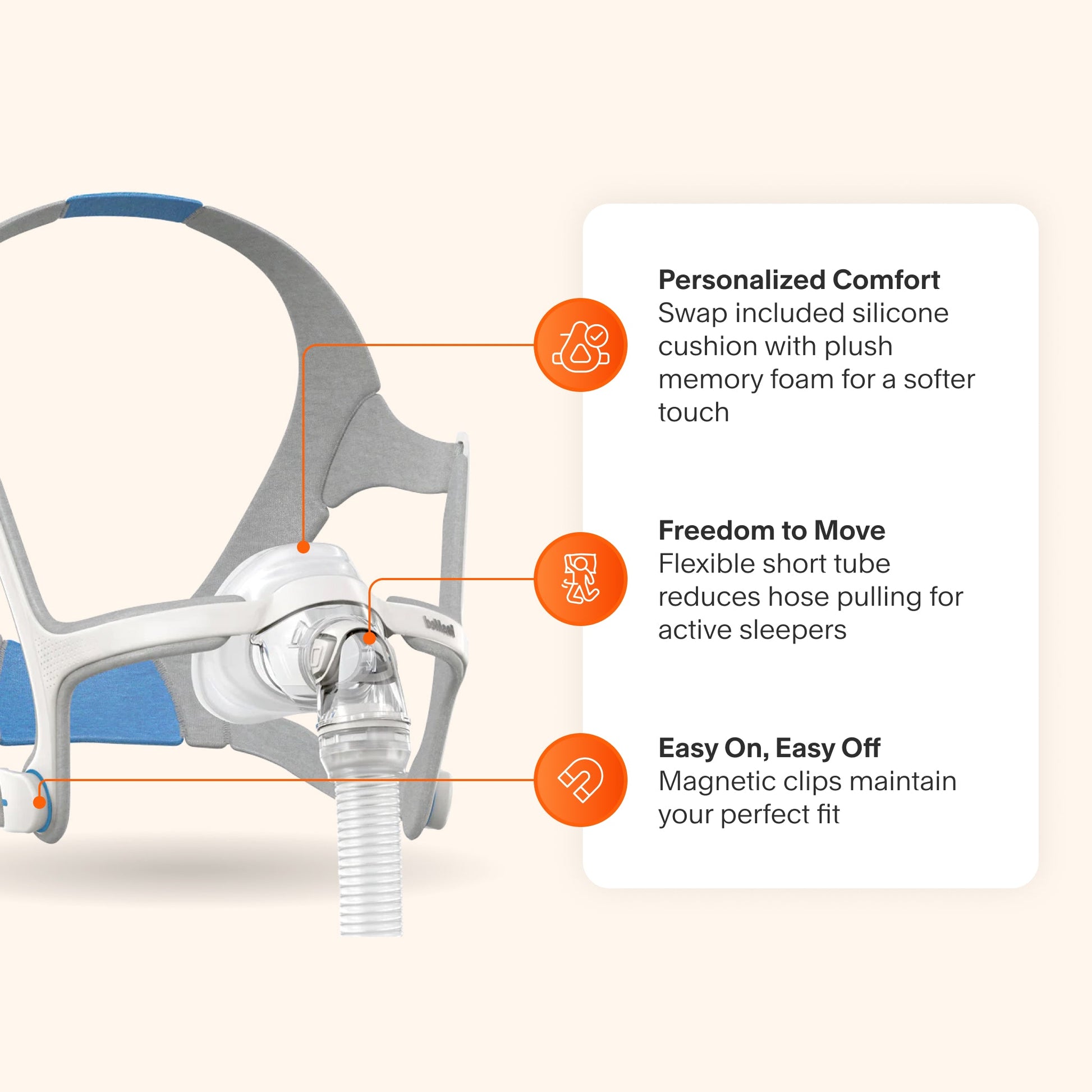 AirFit N20 CPAP mask featuring optional memory foam comfort, flexible short tube for active sleepers, and magnetic clips for easy fit.