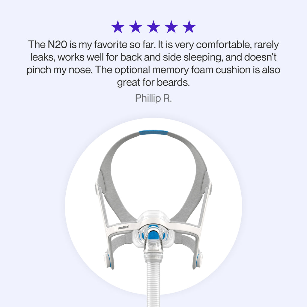 Testimonial for AirFit N20 mask highlighting comfort, minimal leaks, beard-friendly fit, and versatility for side or back sleepers.