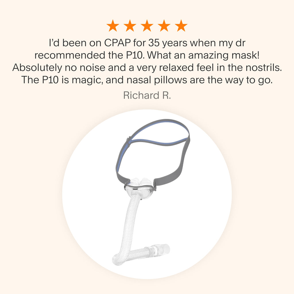 Testimonial for AirFit P10 mask praising its silent airflow, nasal pillow comfort, and 35-year CPAP user satisfaction.