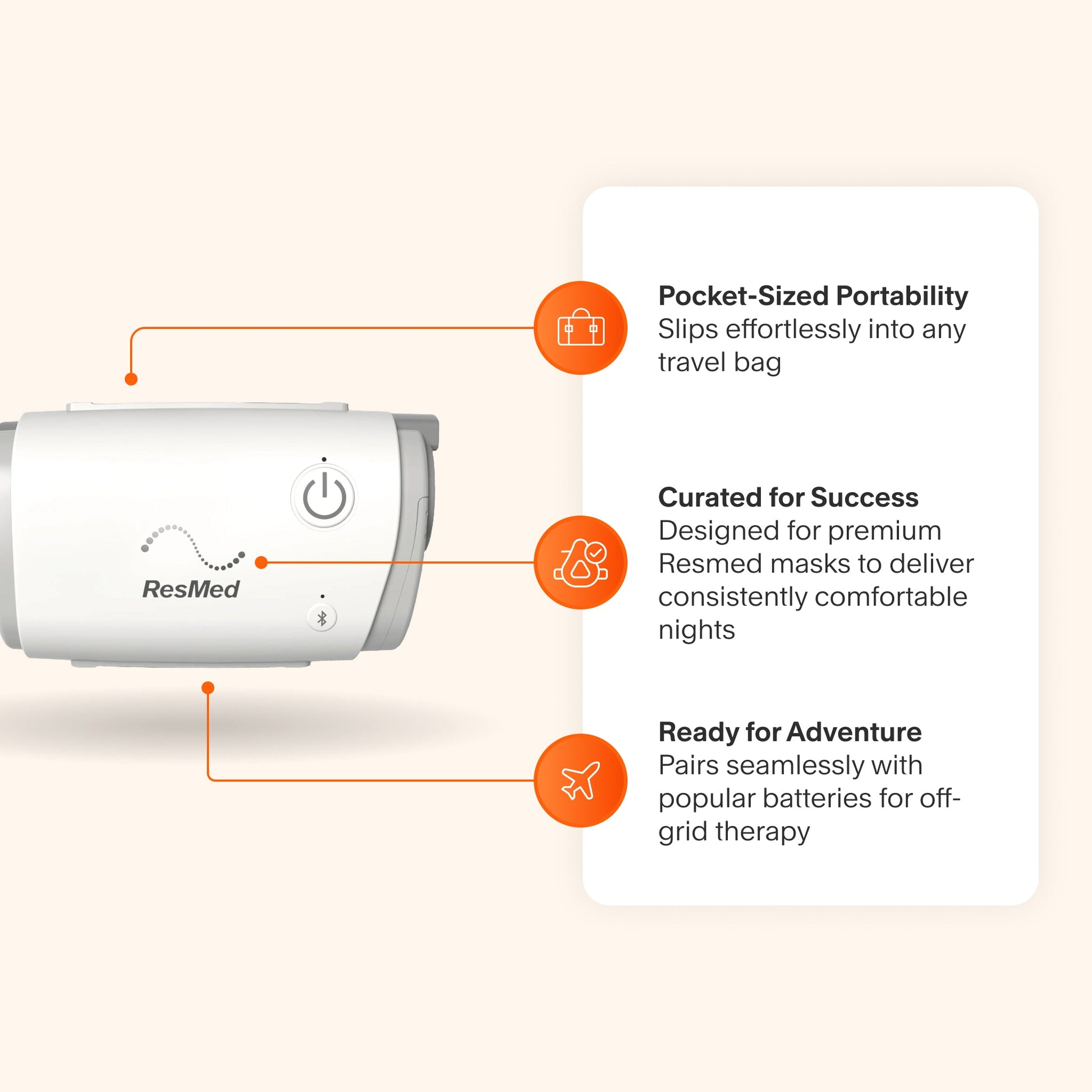 AirMini CPAP featuring pocket-sized portability, ResMed mask compatibility, and off-grid battery support for travel therapy.