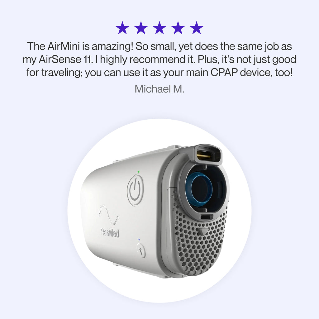 Testimonial for AirMini CPAP praising its compact size, powerful performance, and dual use for travel and daily therapy.