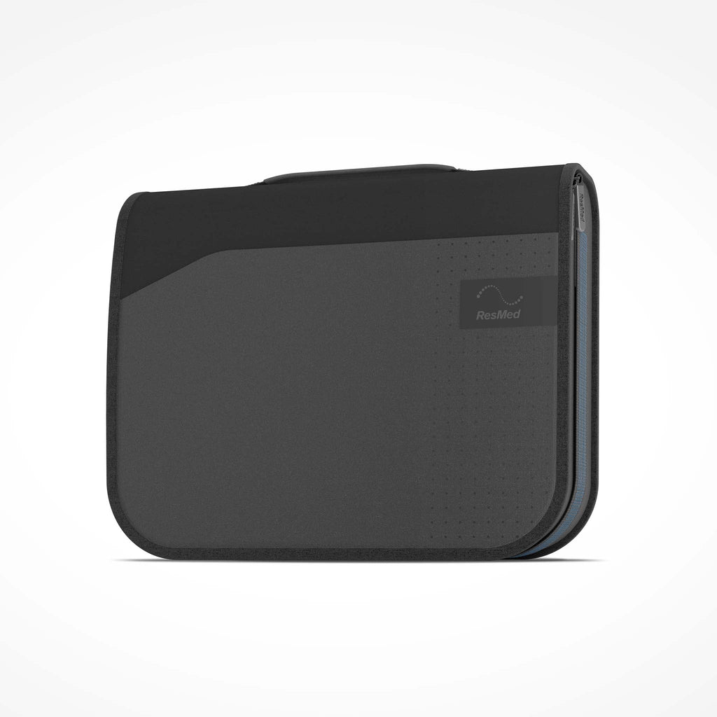 ResMed AirSense 11 carrying case in black and gray, featuring a zippered closure, handle, and ResMed logo on the front.