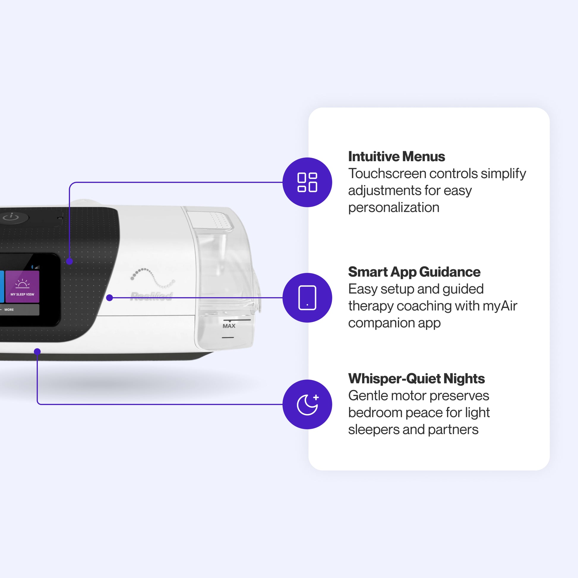 AirSense 11 AutoSet CPAP Machine featuring intuitive touchscreen controls, myAir app coaching, and ultra-quiet operation for peaceful sleep.