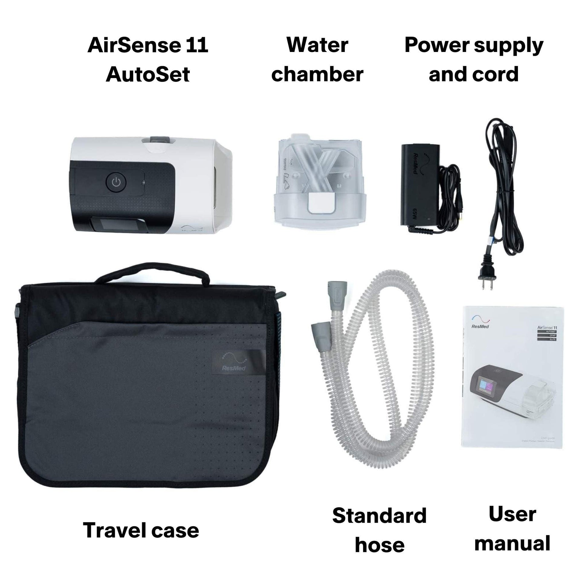 Complete ResMed AirSense 11 AutoSet CPAP machine kit, including the main device, humidifier chamber, power supply, power cord, CPAP hose, carrying case, and user manual, laid out on a white background.