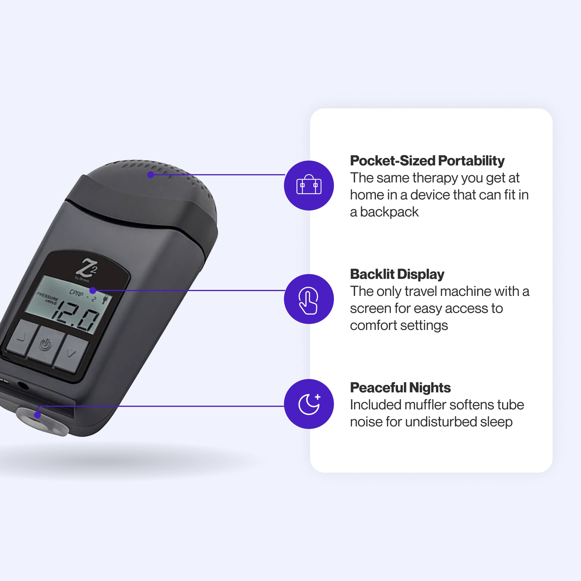 Breas Z2 Auto CPAP featuring backpack-sized portability, backlit display, and built-in muffler for quieter sleep anywhere.