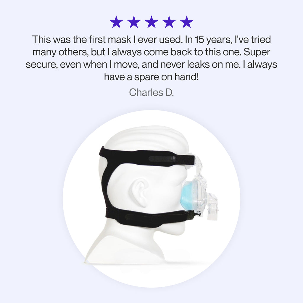 Testimonial highlighting ComfortGel Blue CPAP mask’s consistent performance, secure fit, and minimal leaks even with movement.