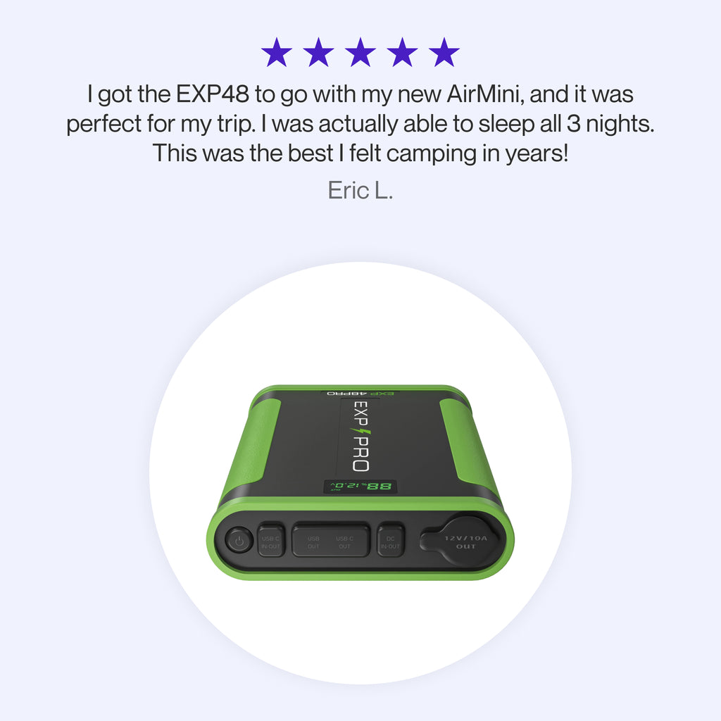 Testimonial graphic for the EXP48 Pro Battery Bank, highlighting a positive review about its reliable 3-night power for camping with the AirMini CPAP.