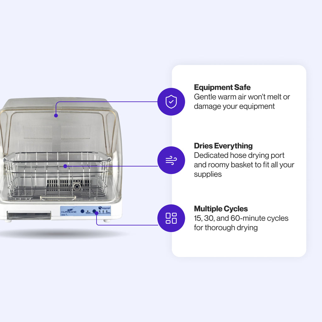 Hurricane Equipment Dryer featuring multiple drying cycles, a dedicated hose port and spacious basket for all supplies, and gentle warm air safe for CPAP equipment.