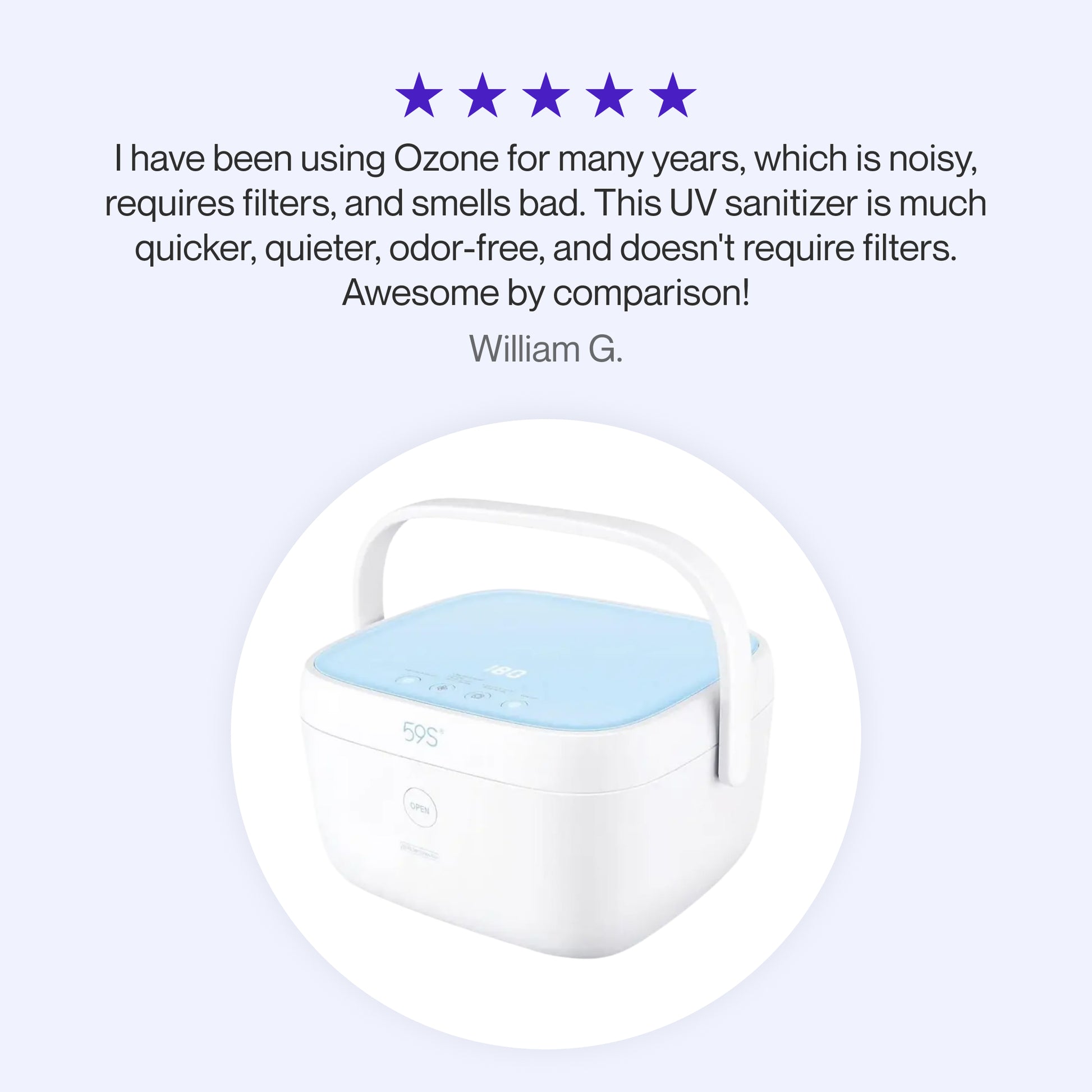 Testimonial for Liviliti Paptizer praising its quiet, fast, odor-free sanitizing and no-filter design compared to ozone systems.