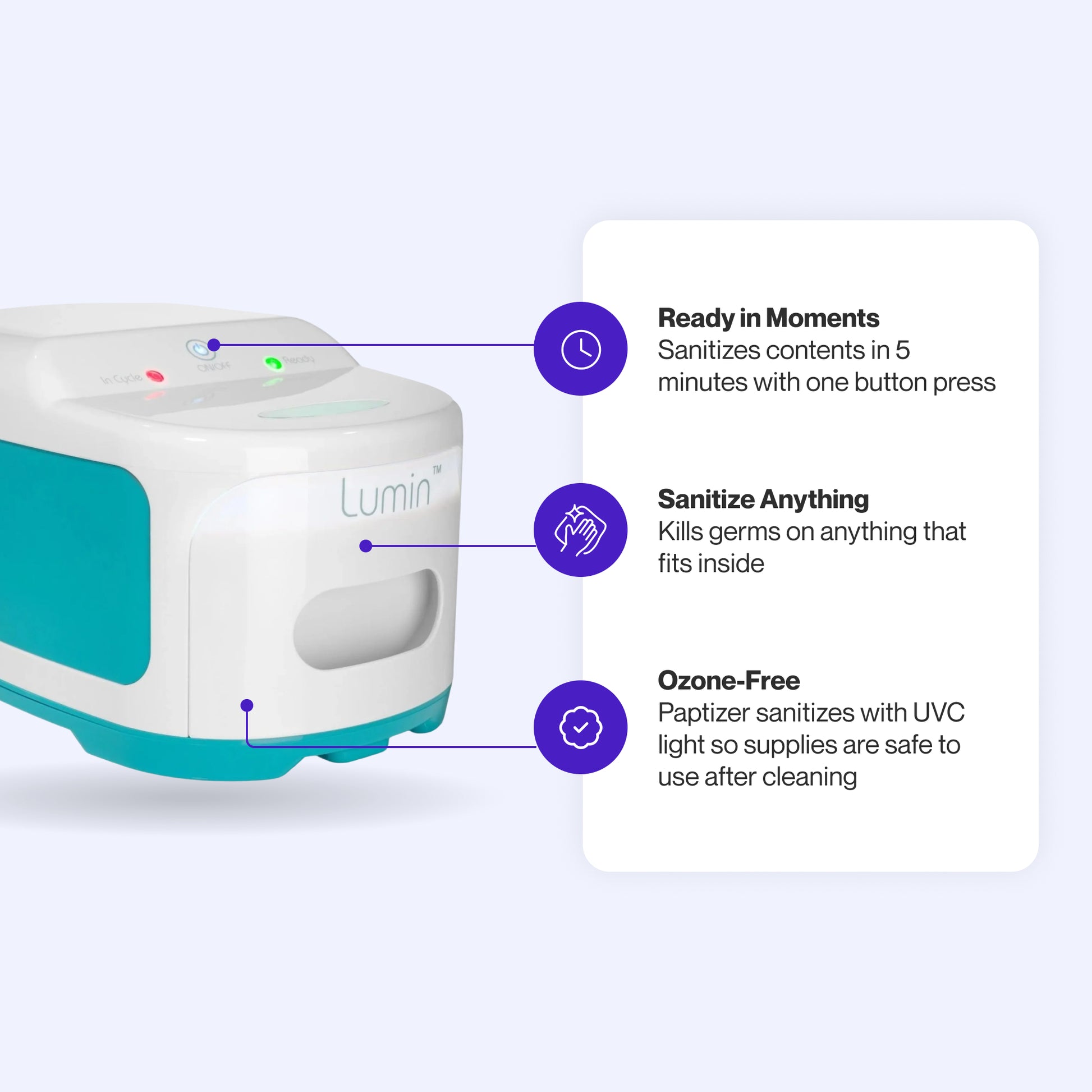 Lumin UVC Sanitizer featuring fast 5-minute cleaning, UV-C light disinfection, and compatibility with CPAP accessories and more.