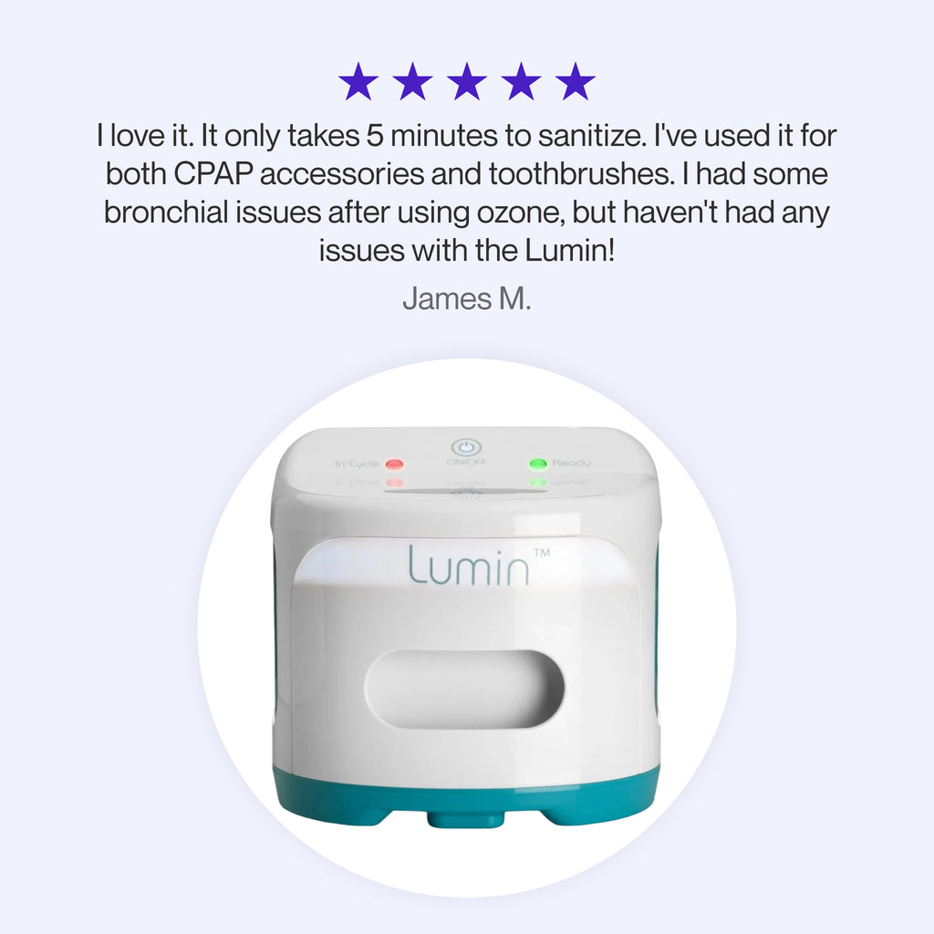 Testimonial for Lumin UVC Sanitizer highlighting quick use, ozone-free safety, and effective CPAP and personal item sanitizing.