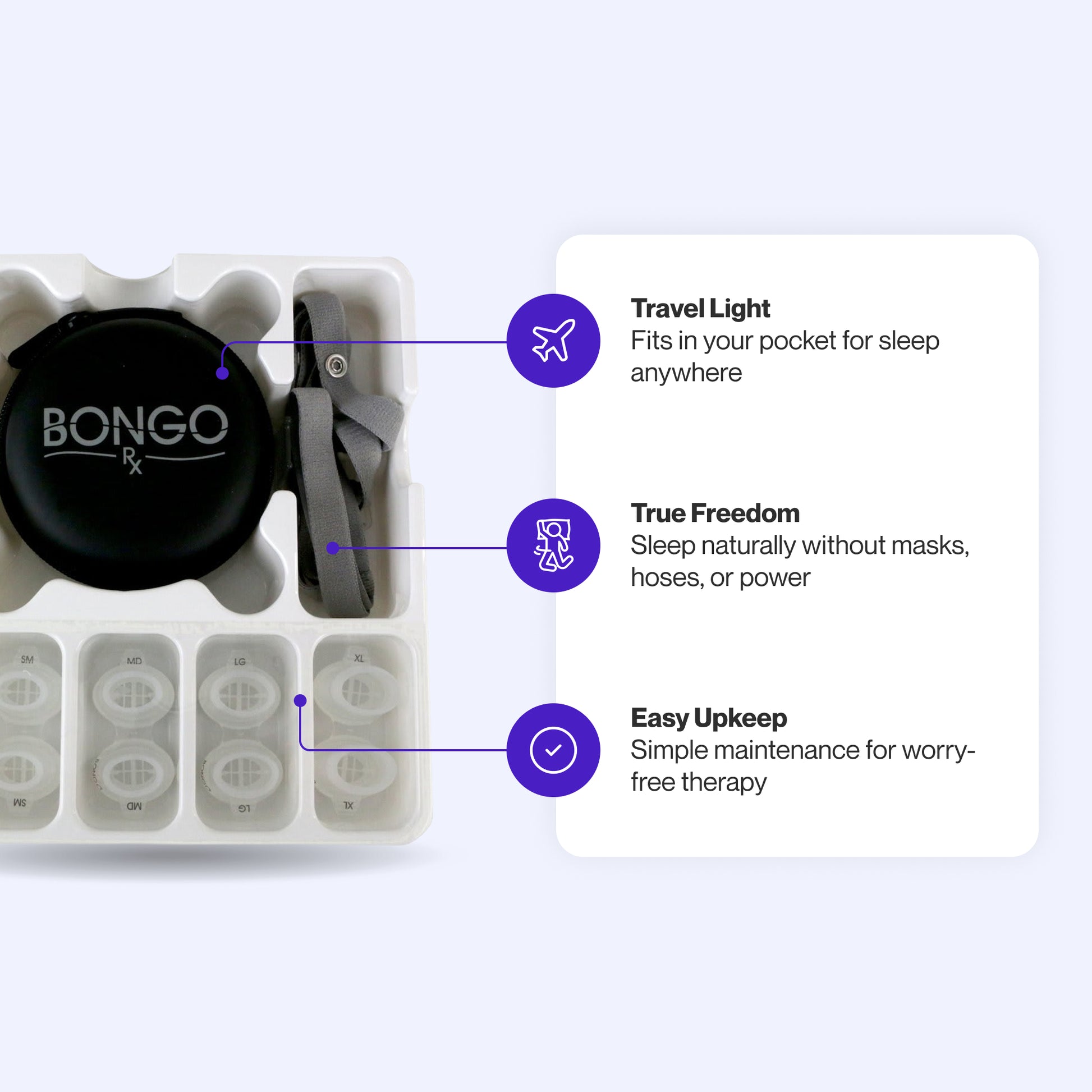 Bongo RX EPAP device featuring ultra-portable design for pocket-sized travel, natural sleep therapy without masks or hoses, and minimal maintenance for hassle-free care.