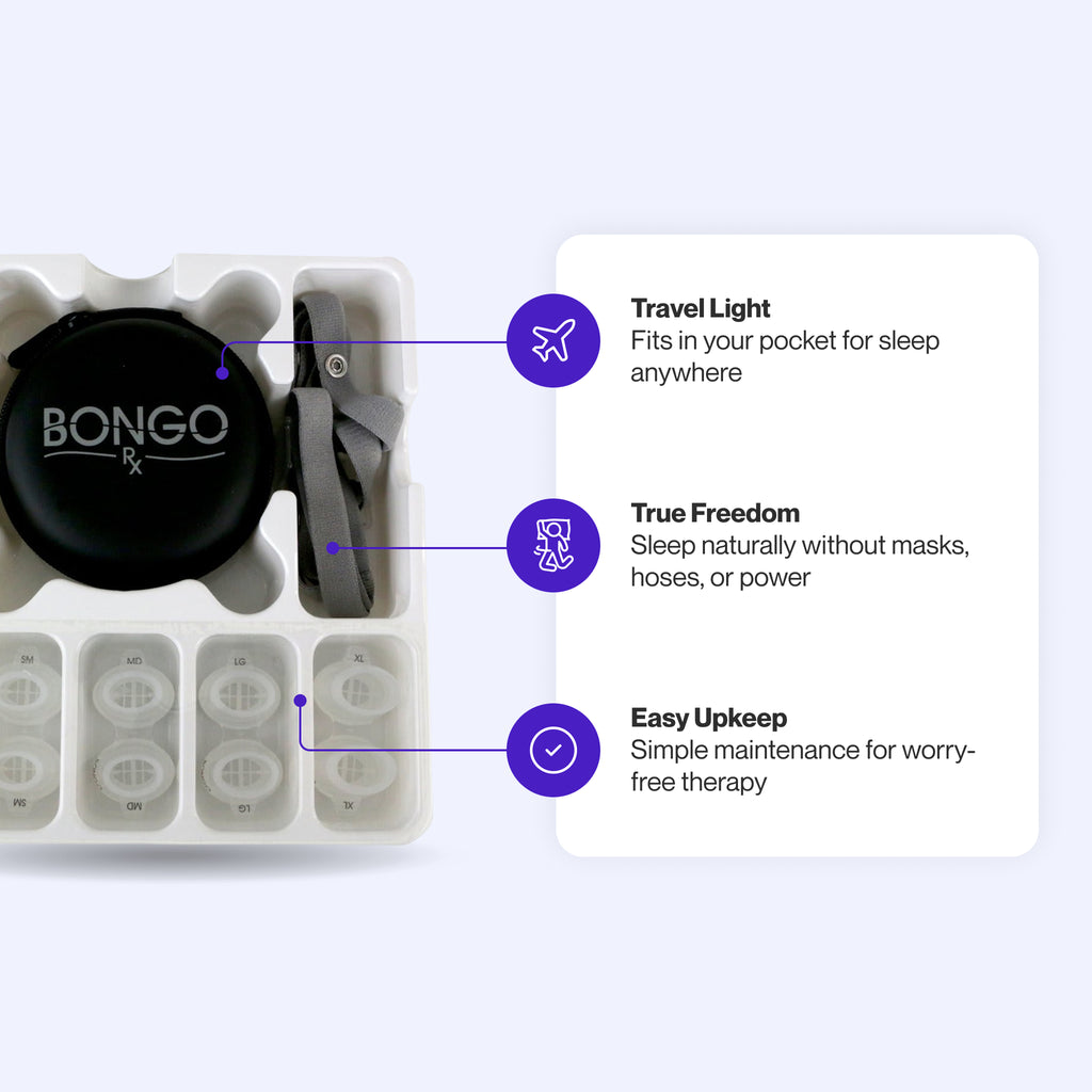 Bongo RX EPAP device featuring ultra-portable design for pocket-sized travel, natural sleep therapy without masks or hoses, and minimal maintenance for hassle-free care.