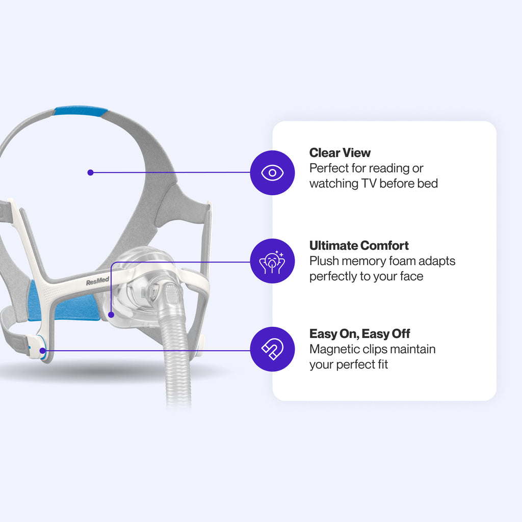 AirTouch N20 CPAP mask featuring memory foam cushion for ultimate comfort, magnetic clips for easy adjustments, and low-profile design for an unobstructed view.