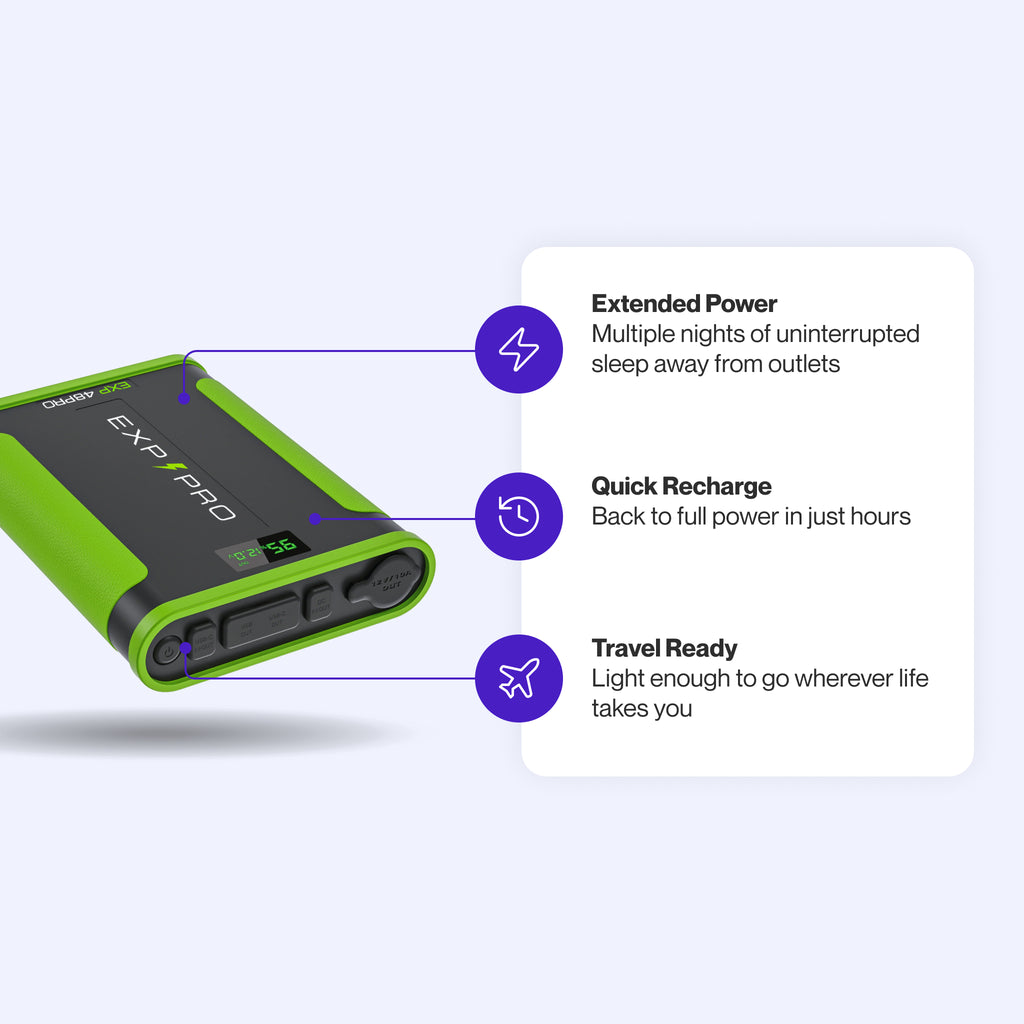 EXP48 Pro Lithium Iron Phosphate Battery Bank for reliable, portable CPAP power with extended battery life and fast recharging capability.