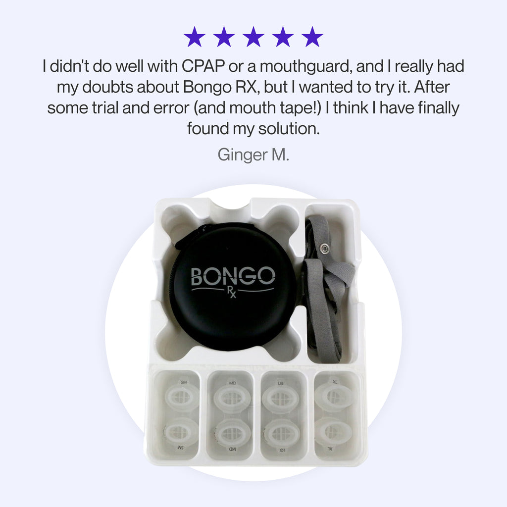 Testimonial for Bongo RX praising the device as their sleep apnea solution after trial and error with CPAP and sleep apnea mouthguards.
