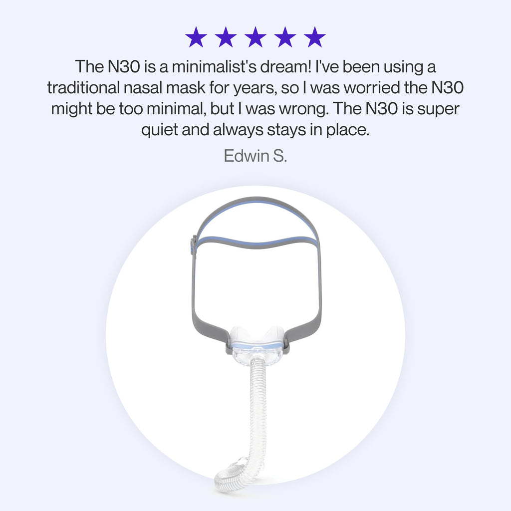 Testimonial graphic for the ResMed AirFit N30, praising its quiet, secure, and minimalist design.