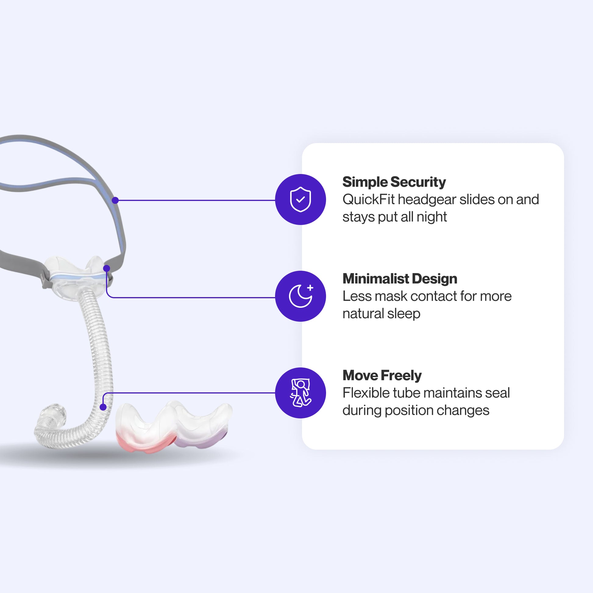 ResMed AirFit N30 Nasal CPAP Mask highlighting its minimalist design, flexible tubing, and QuickFit headgear for secure, natural-feeling sleep.