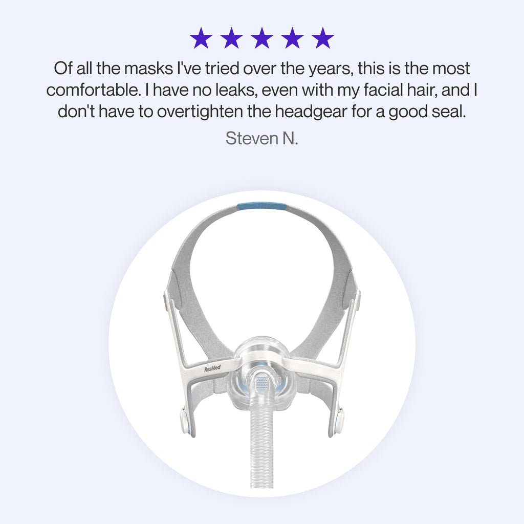 Testimonial highlighting the AirTouch N20 mask’s superior comfort, reliable seal with facial hair, and secure fit without overtightening.