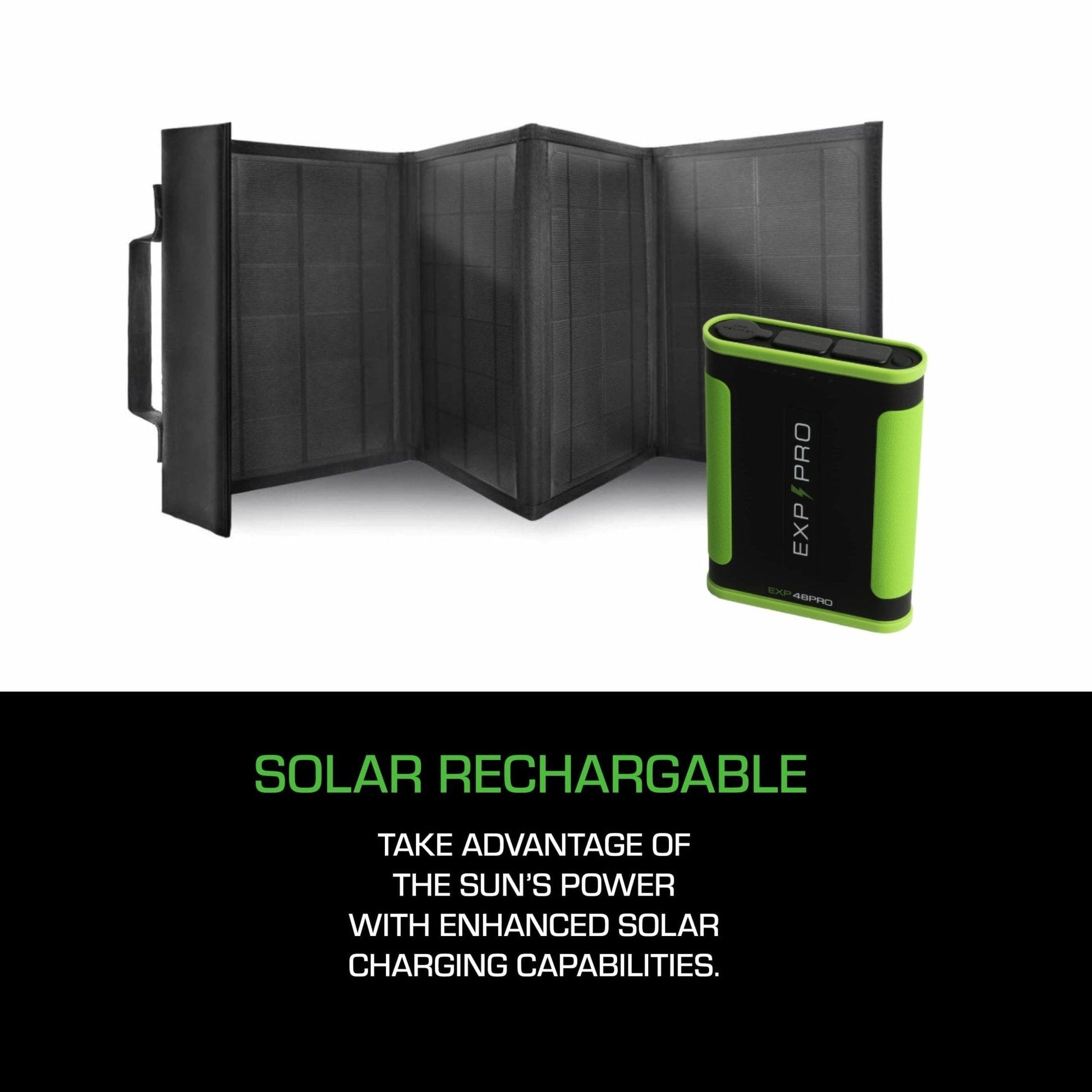 EXP48 Pro Battery with optional solar panel for eco-friendly charging, ideal for outdoor use and off-grid CPAP support.
