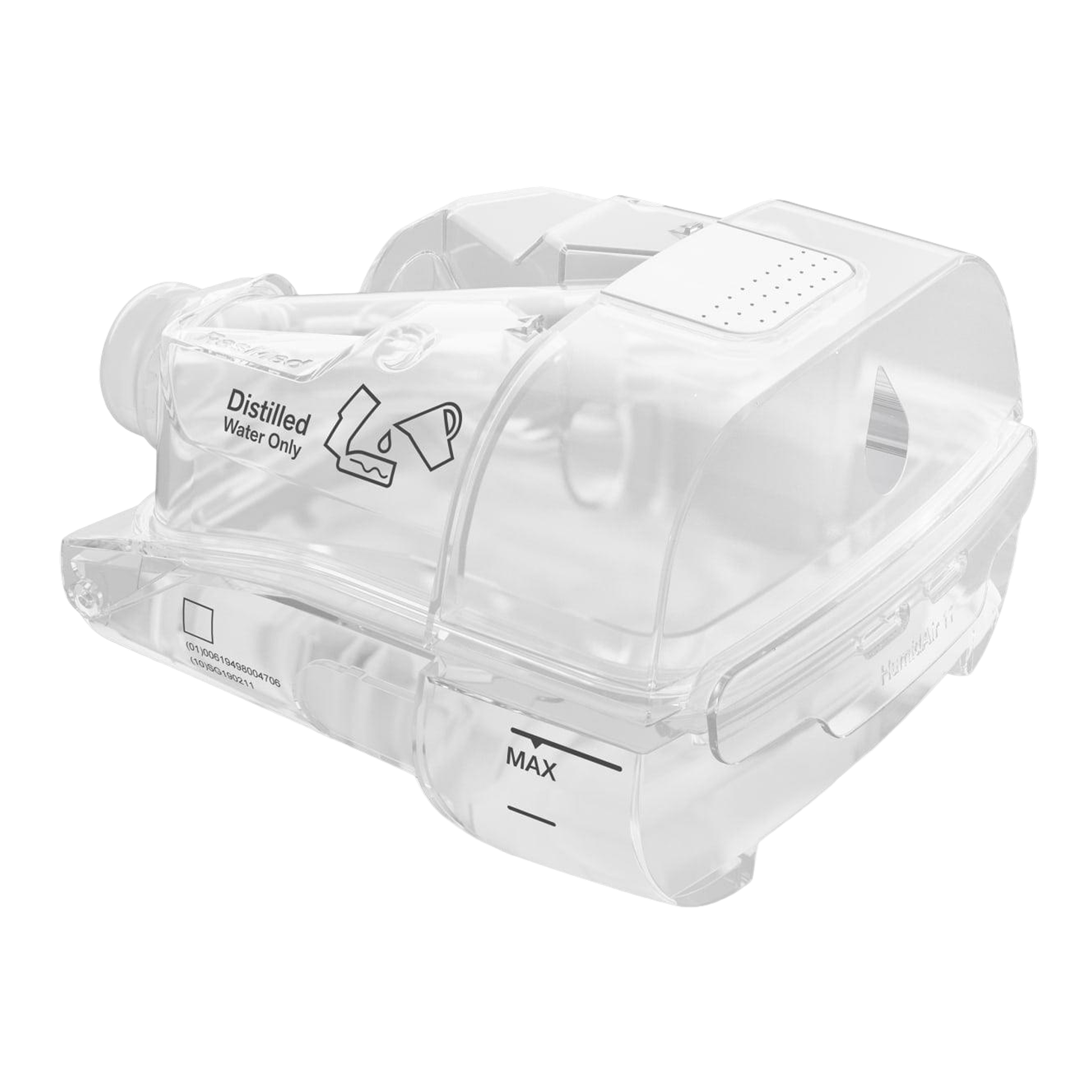 ResMed AirSense 11 humidifier chamber, a transparent water reservoir with a max fill line, labeled for use with distilled water only.