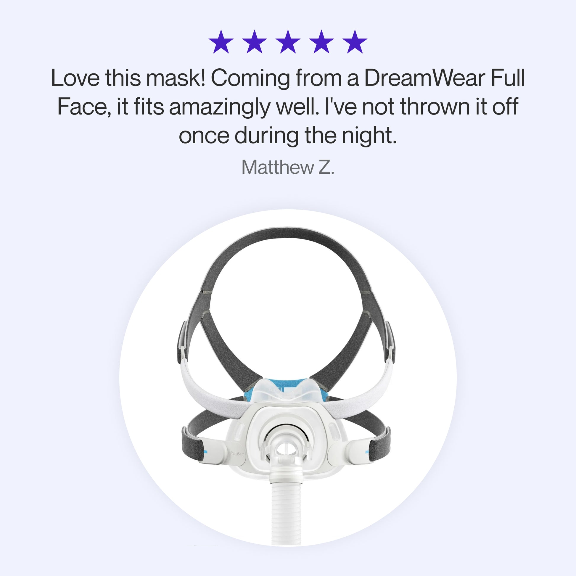 Testimonial graphic for the AirFit™ F40 Full Face Mask, featuring user feedback praising its comfortable fit and stability throughout the night.