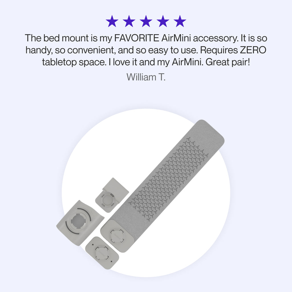 Testimonial praising the AirMini Bed Mount as a favorite accessory for its convenience, ease of use, and space-saving design, making it a perfect match for the AirMini.