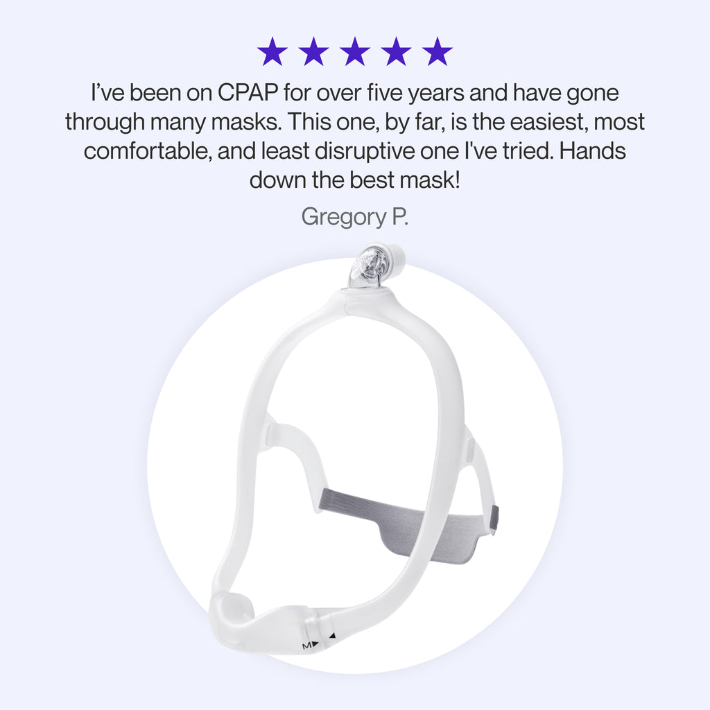 Testimonial praising the DreamWear Nasal CPAP Mask for its comfort, suitability for side sleeping, and ability to allow activities like watching TV or reading, highlighting its minimal, user-friendly design.