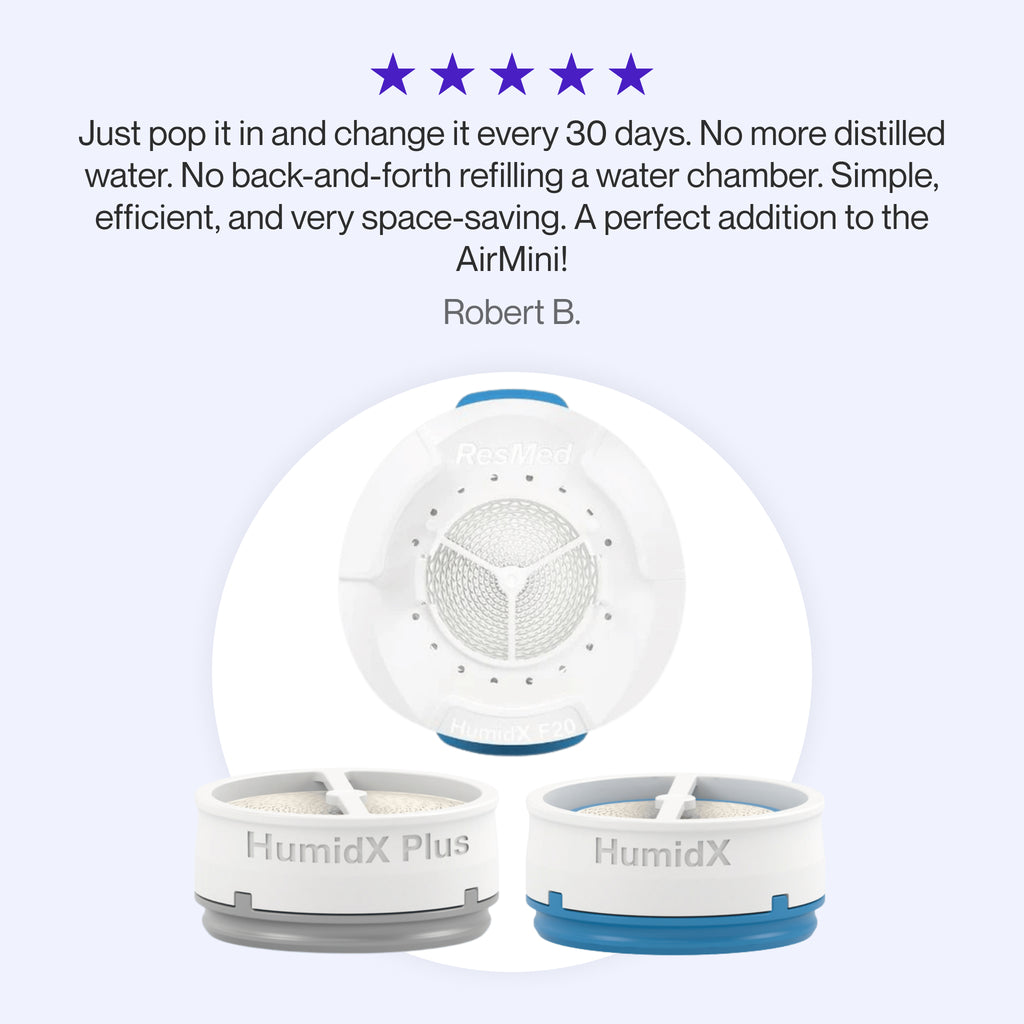 Testimonial praising the HumidX and HumidX Plus for AirMini for its simplicity, efficiency, and space-saving design, eliminating the need for distilled water while traveling.