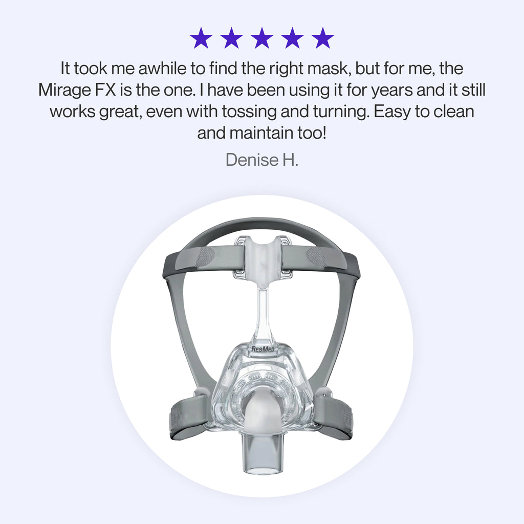 Testimonial praising the Mirage FX Nasal Mask for its long-lasting comfort, reliability through movement, and ease of cleaning and maintenance.