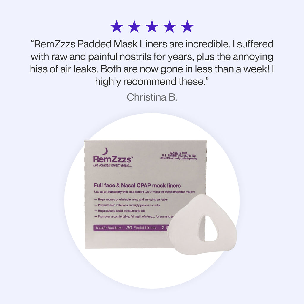 Testimonial praising RemZzzs Padded Mask Liners for eliminating raw nostrils and air leaks within a week, highly recommending them for improved comfort and seal.