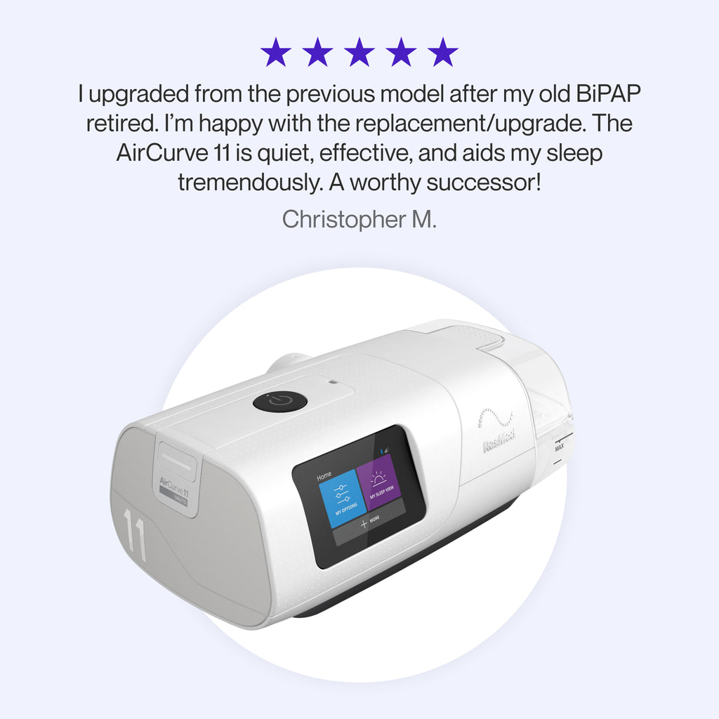 Testimonial praising the AirCurve 11 as a quiet, effective BiPAP that significantly improves sleep, described as a worthy upgrade and successor to the previous model.