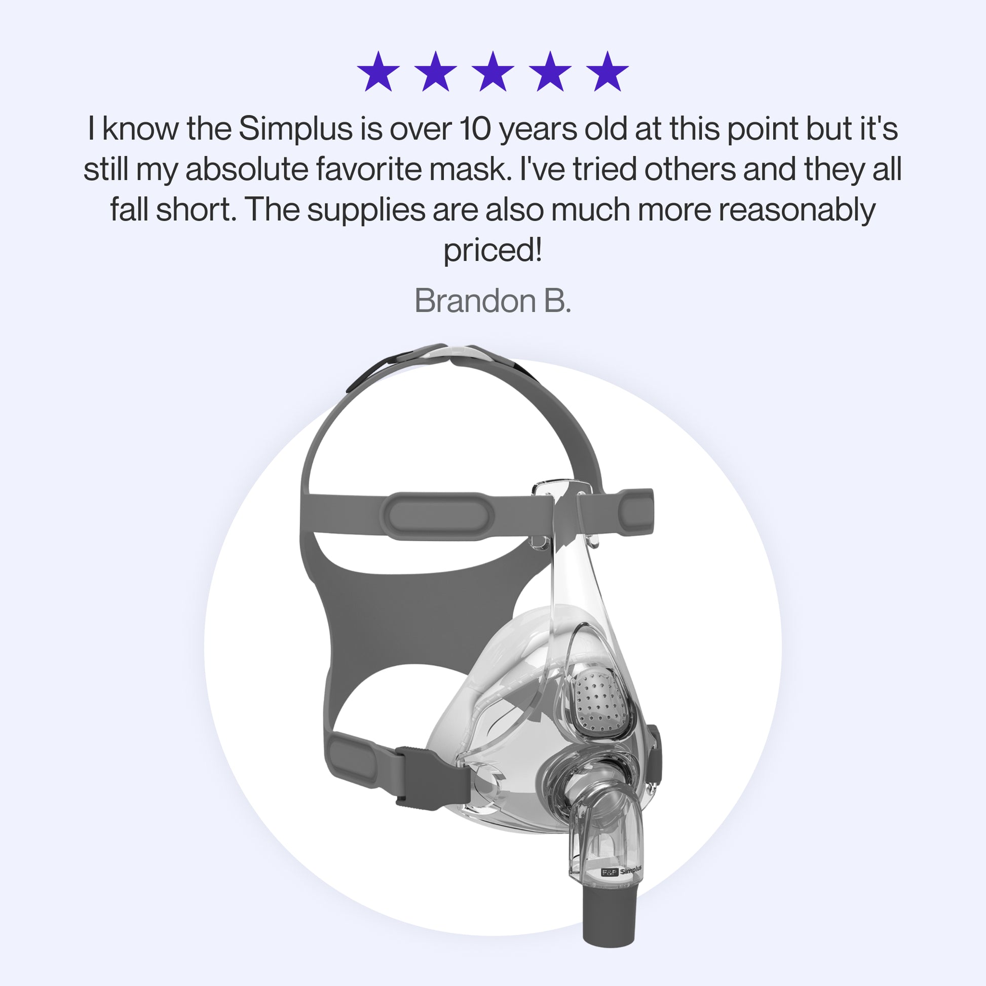 Testimonial praising the Simplus Full Face CPAP Mask for its enduring comfort, reliability, and affordable replacement supplies.
