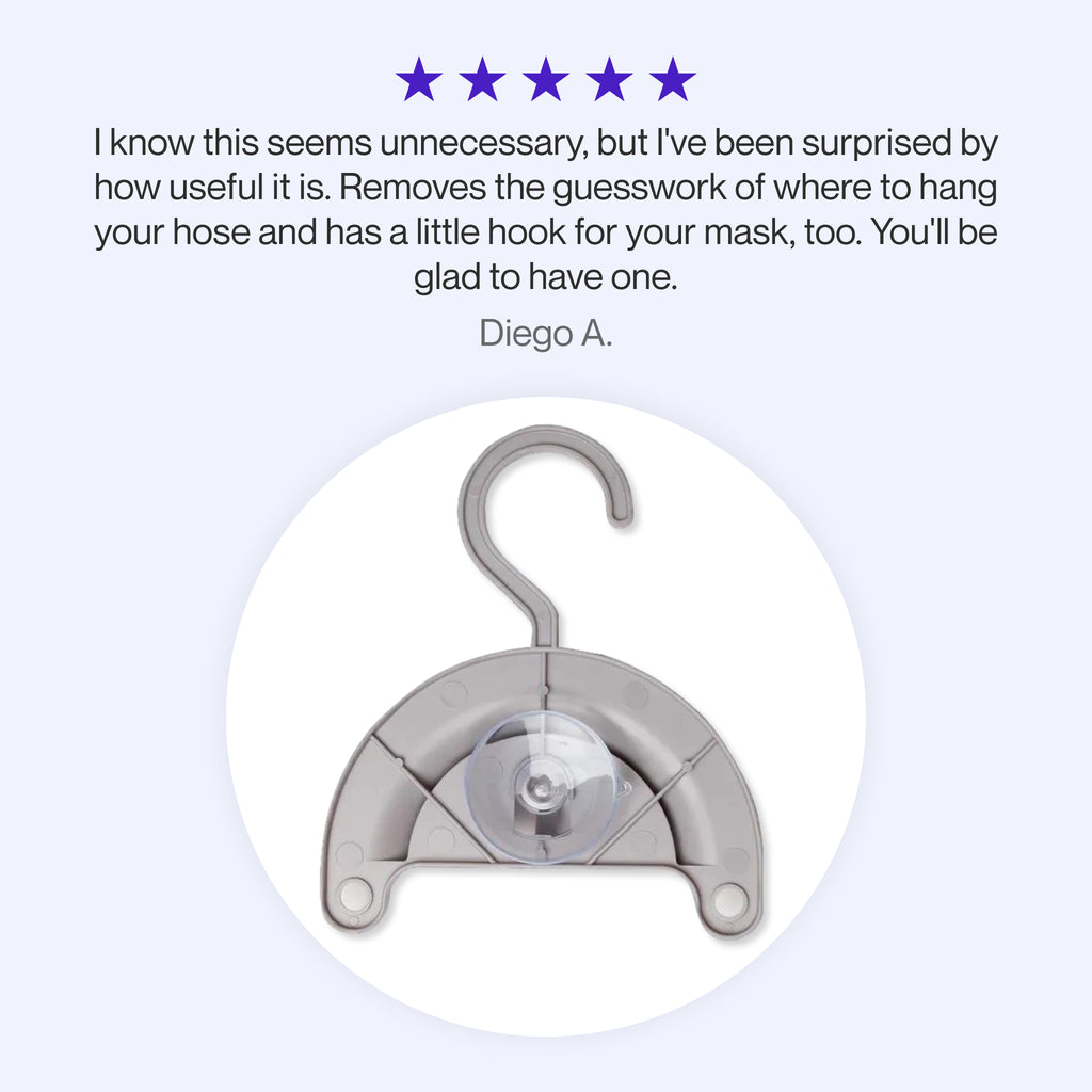 Testimonial praising the CPAP Hose Hanger for its convenience, highlighting its ease of use for hanging hoses and the added mask hook for organized storage.